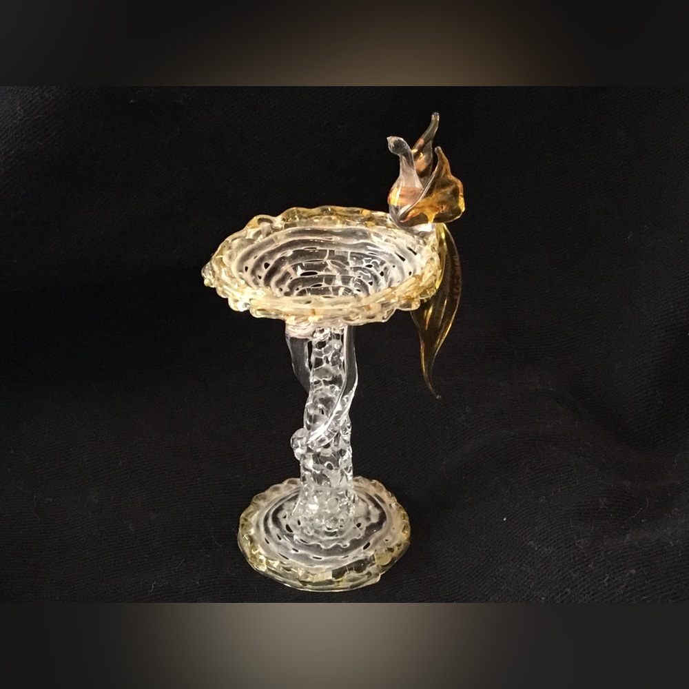 Vintage String Spun Glass Mini Figurine, Bird on birdbath.